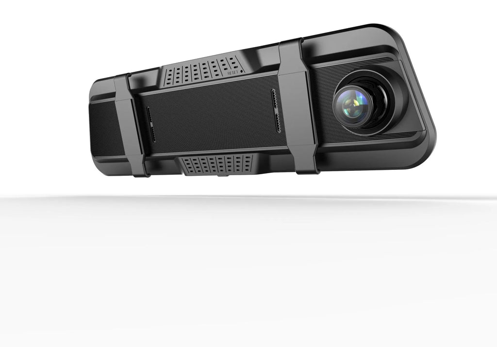 Dual-lens car dash cam with 9.66 inch touch screen mounted behind rearview mirror