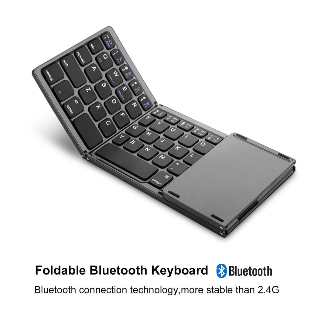 Black tri-fold Bluetooth keyboard shown open next to a smartphone, highlighting its slim 0.8cm profile.