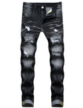 Men vintage distressed denim jeans trousers pants in blue cotton with tapered fit and five pockets