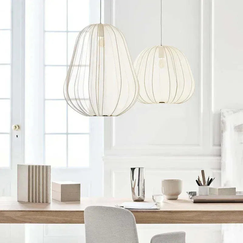 Japanese-style net pumpkin shape ceiling light with iron branch design in grey blue or white finish.
