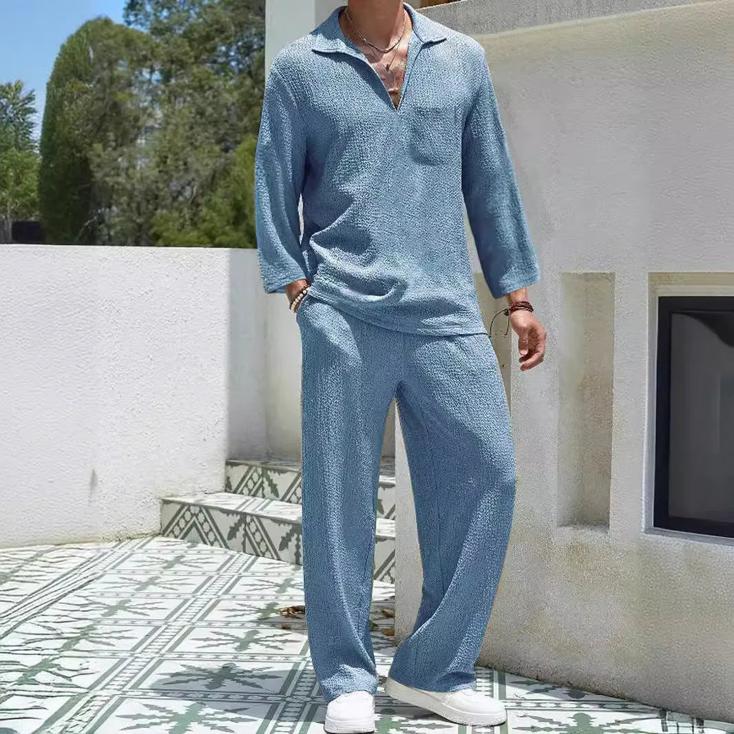 Men's casual polyester shirt trousers suit set in lake blue colour, showing complete two-piece outfit