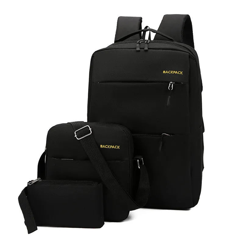 Three men's nylon computer bags in wine red, black, gray, and navy blue, showing USB port and internal pockets.