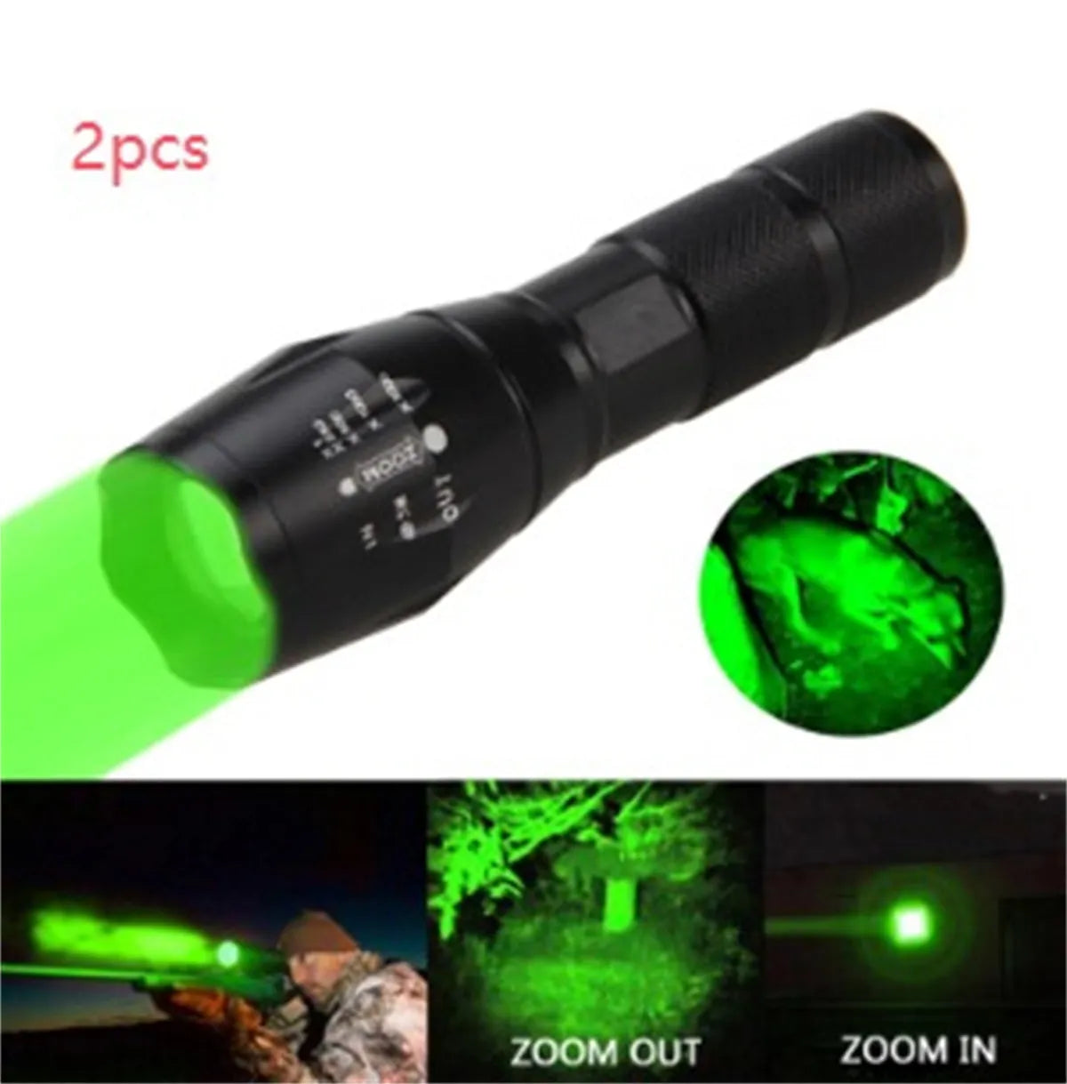 Black aluminum alloy zoom flashlight with adjustable head for focus, shown with beam reaching into distance.