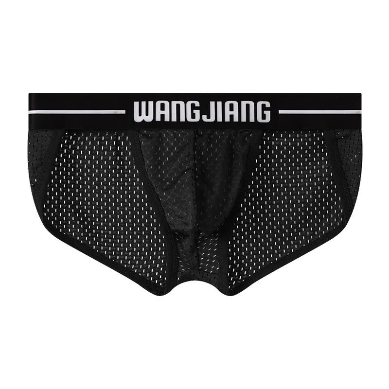Ice silk mesh breathable men's triangle underwear in black, quick-dry sports briefs