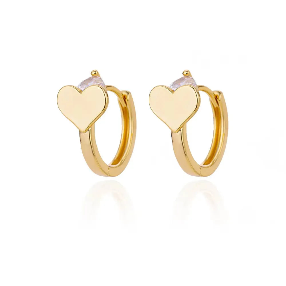 Gold-plated heart-shaped stud earrings with zircon stones on stainless steel ear clips
