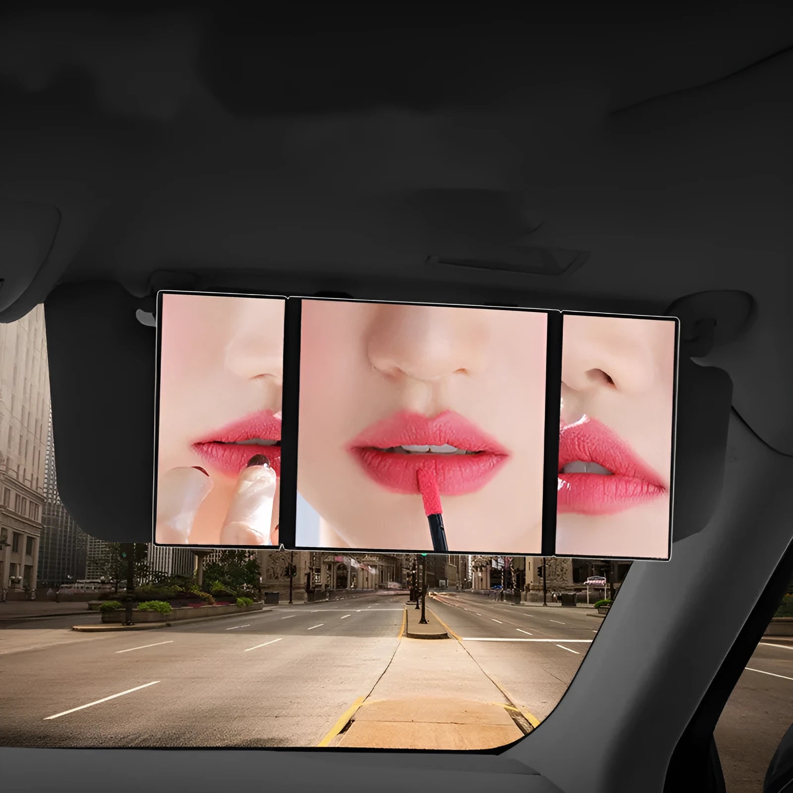 Silver car folding makeup mirror shown closed at 15.5x14cm and opened at 30.5x14cm.