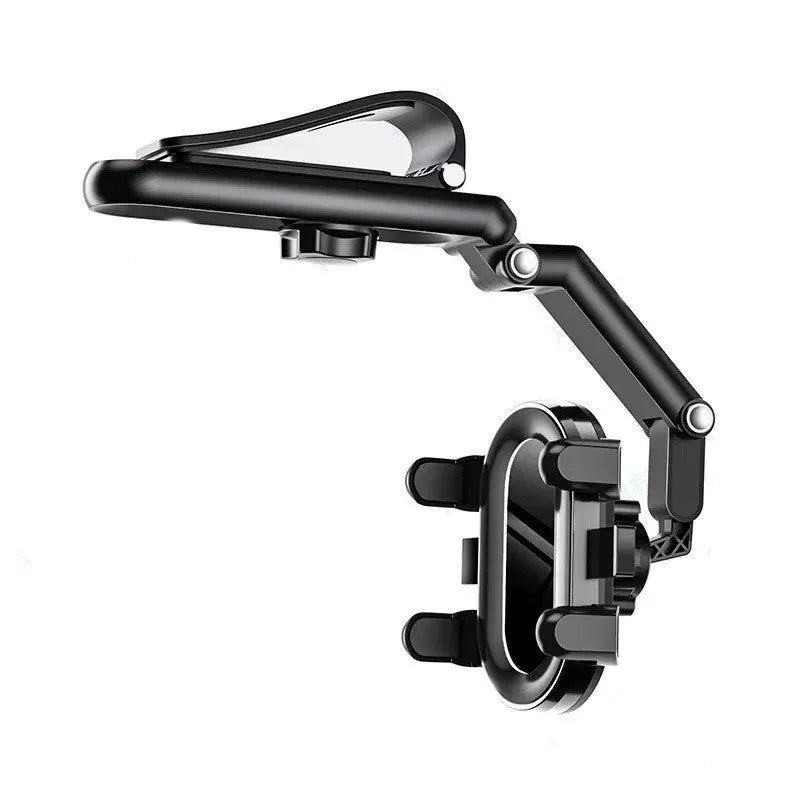 Car mount sun visor with buckle-type clip for rear seat headrest, shown in black.