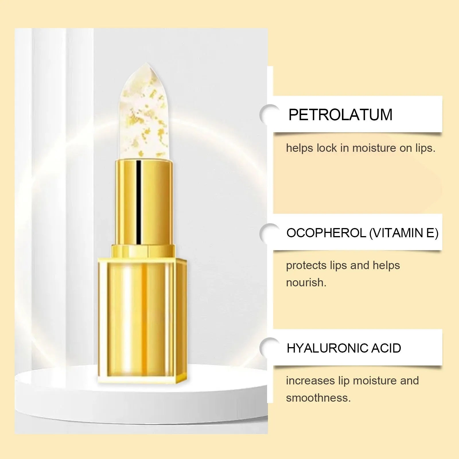 Gold foil packaged nourishing lipstick with 3.5g content containing hyaluronic acid and Vitamin E.