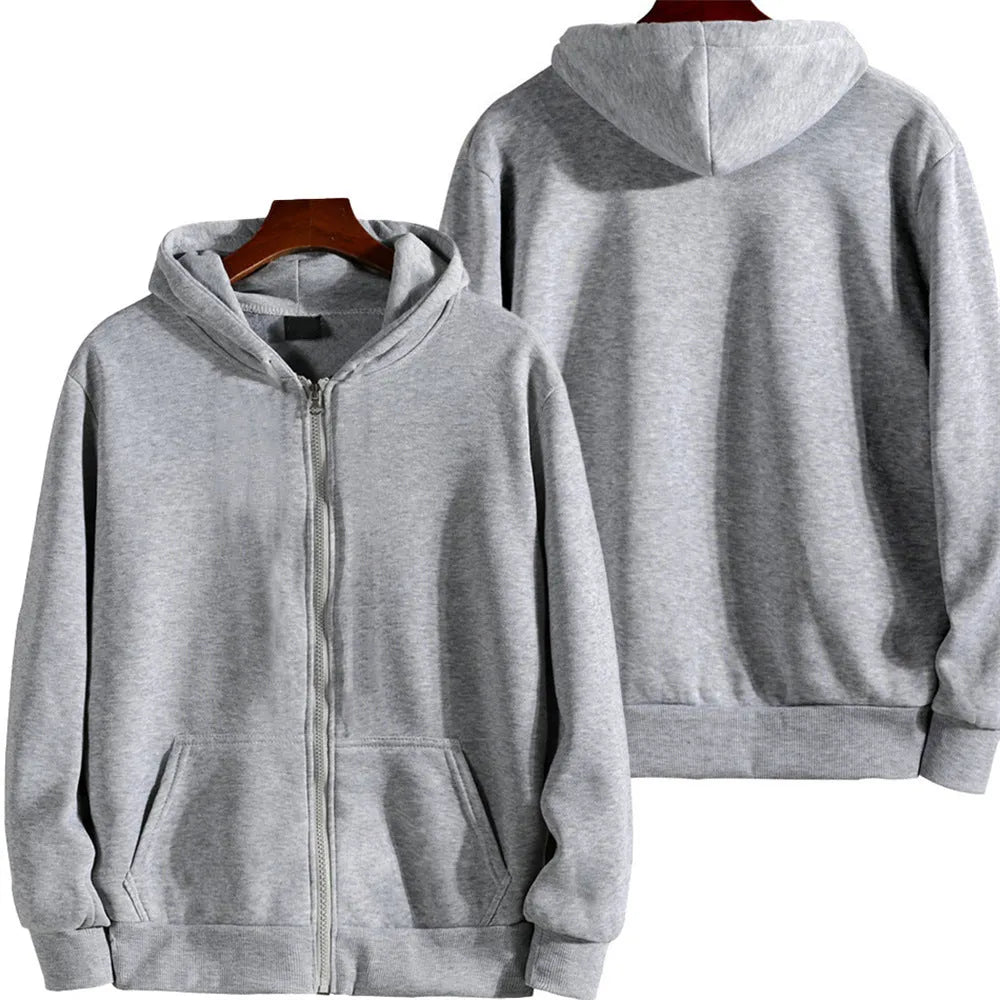Men's solid colour loose fit zip-up sports jacket on a hanger.