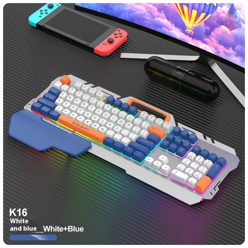 Blue wired gaming keyboard and mouse set with backlit keys and USB cable