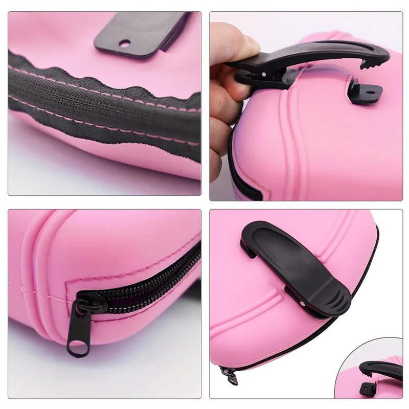 Blue silicone dog training treat pouch with magnetic closure and waist clip on a belt