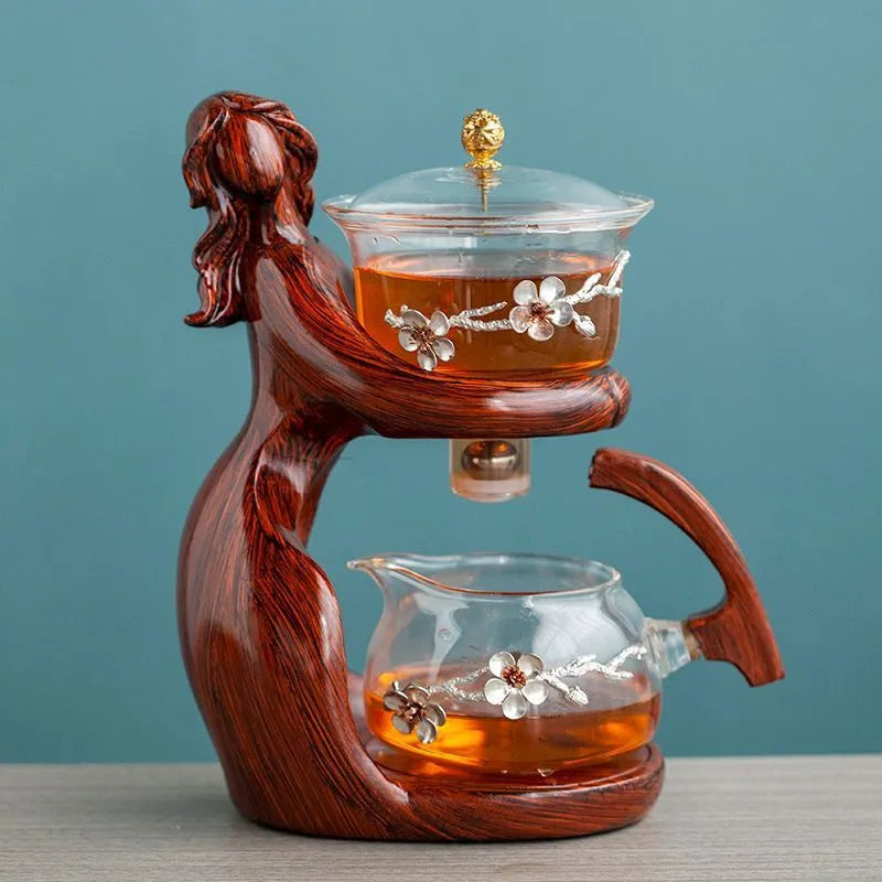 Maid semi-automatic tea set with borosilicate glass teapot, stainless steel filter, and Chinese-style woman sculpture base