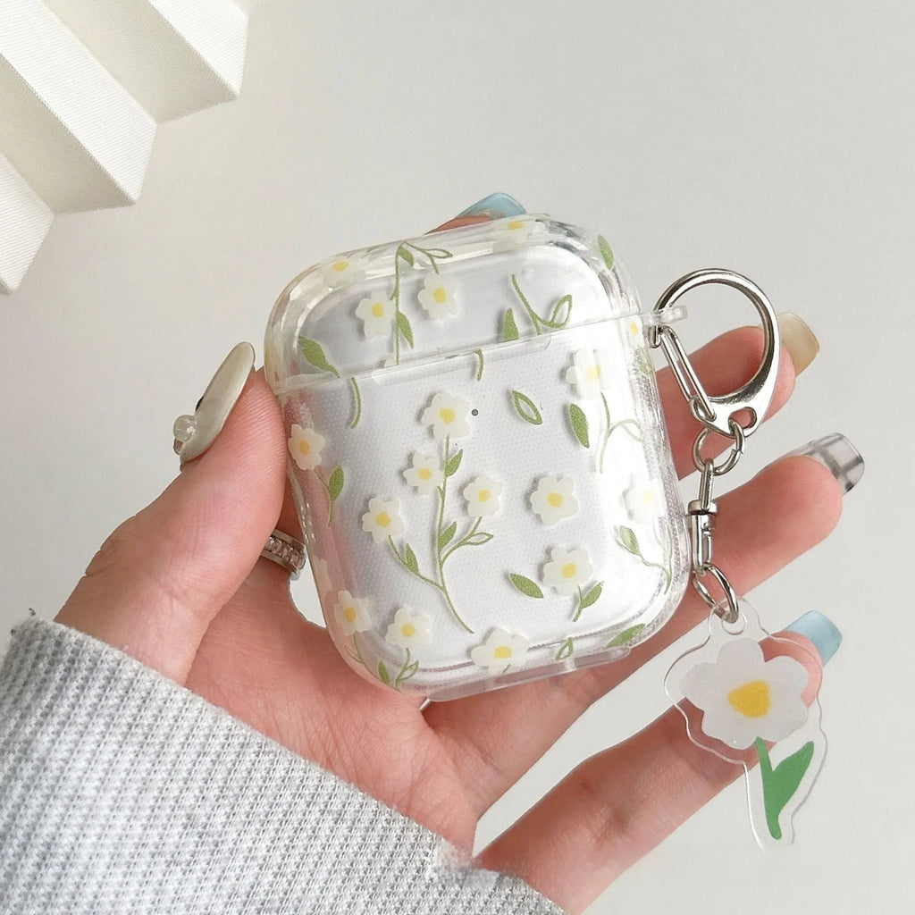 White floral transparent TPU protective case for Apple AirPods showing floral pattern details