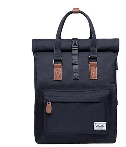 Black casual polyester backpack showing front view with cover flap and adjustable shoulder straps.