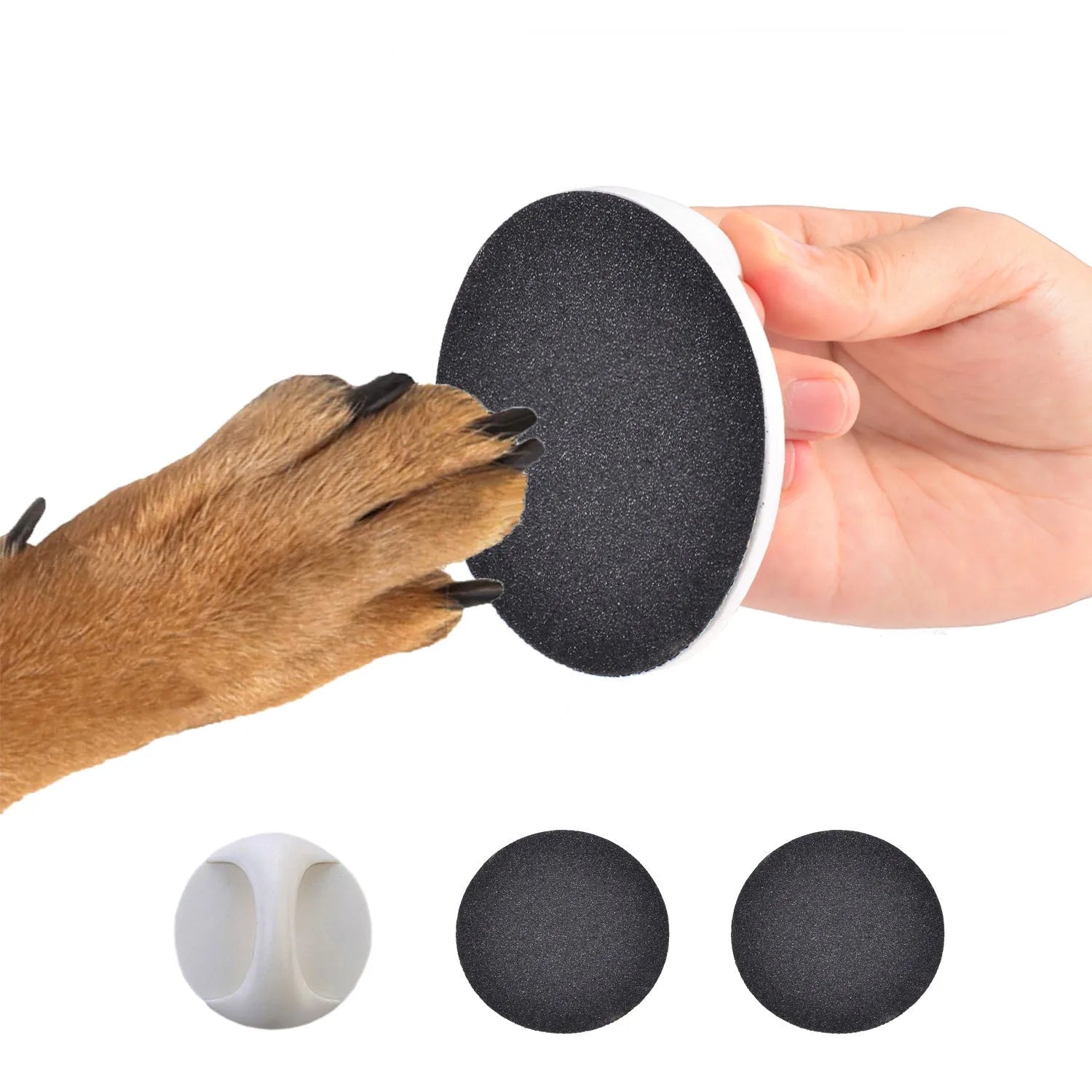 Round blue dog nail scratch board with ergonomic handle and replaceable sandpaper surface