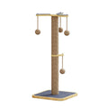 A simple-style cat climbing frame made of pine wood with a carpet leather finish and a hanging ball toy.