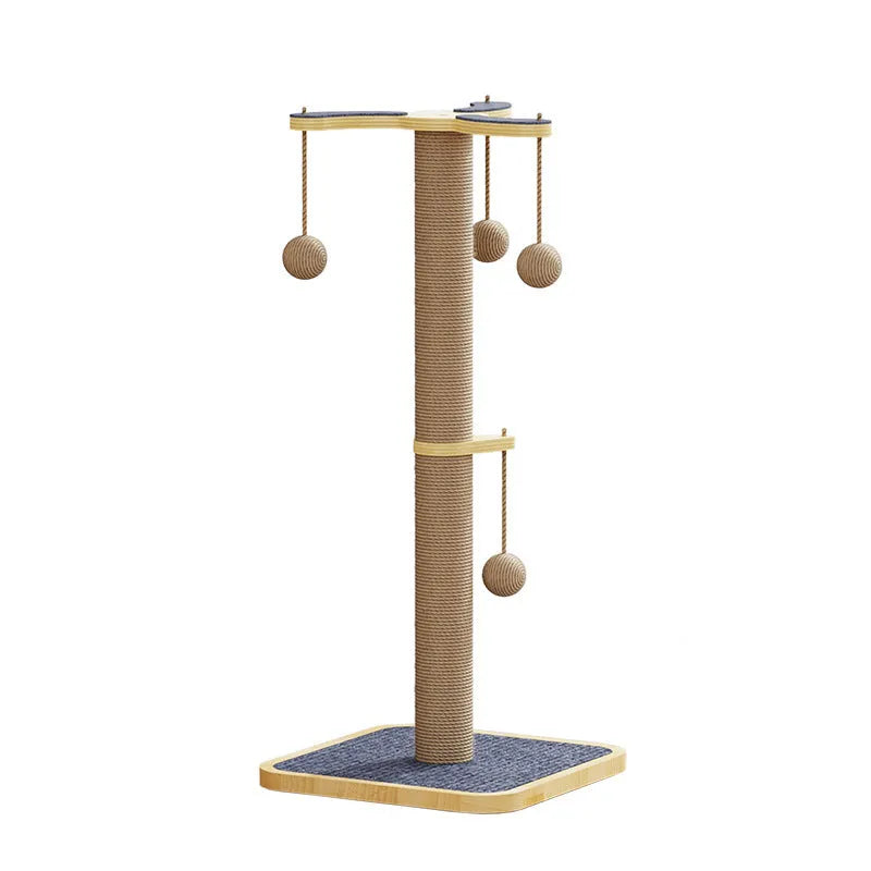 A simple-style cat climbing frame made of pine wood with a carpet leather finish and a hanging ball toy.