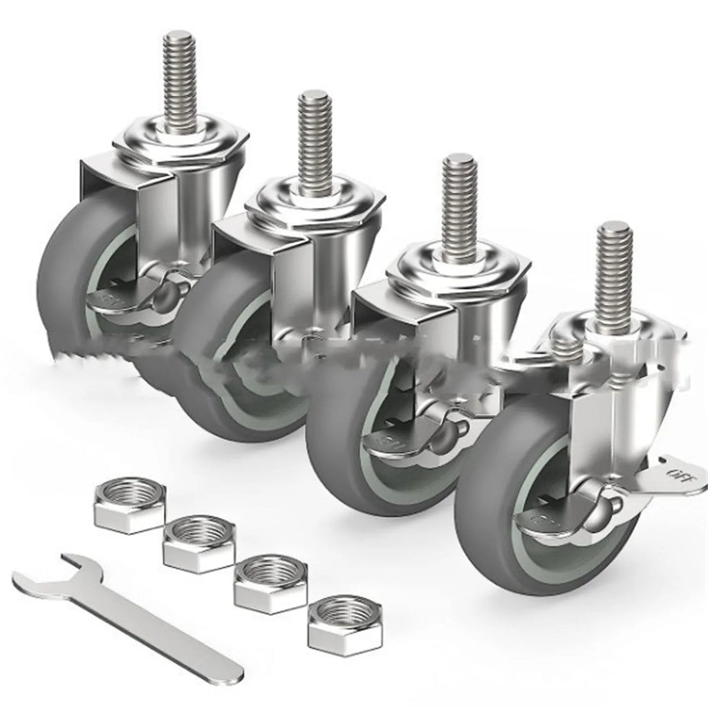 Set of 4 metal light industrial casters with TPR wheels, 50mm diameter, including one brake caster