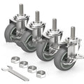Set of 4 metal light industrial casters with TPR wheels, 50mm diameter, including one brake caster