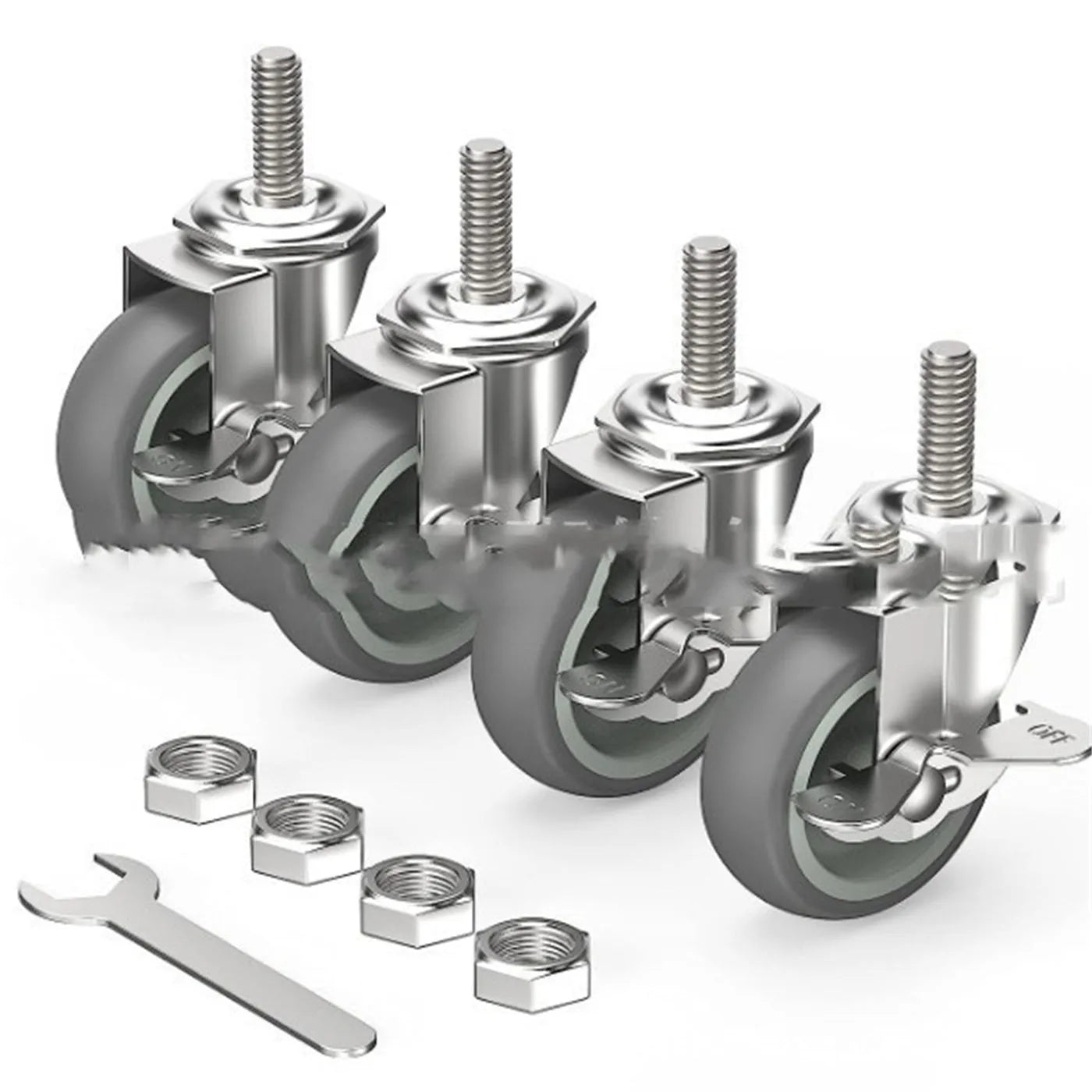 Set of 4 metal light industrial casters with TPR wheels, 50mm diameter, including one brake caster