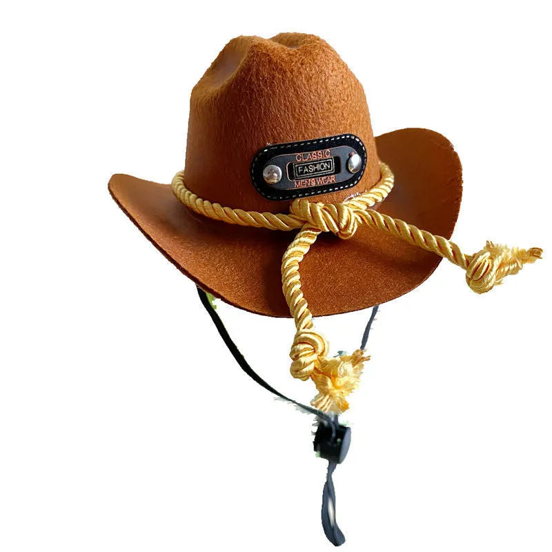 British-style brown cowboy hat for a cat with a black ribbon trim on a white background.