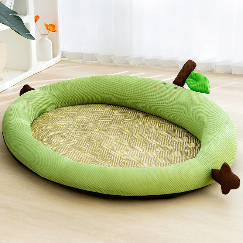 Green fruit backrest pet nest for dogs and cats, shown in a large size.