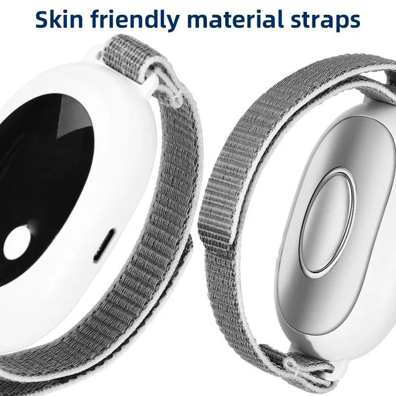 White electronic sleep aid device with handheld remote control showing 20 intensity settings and USB charging port