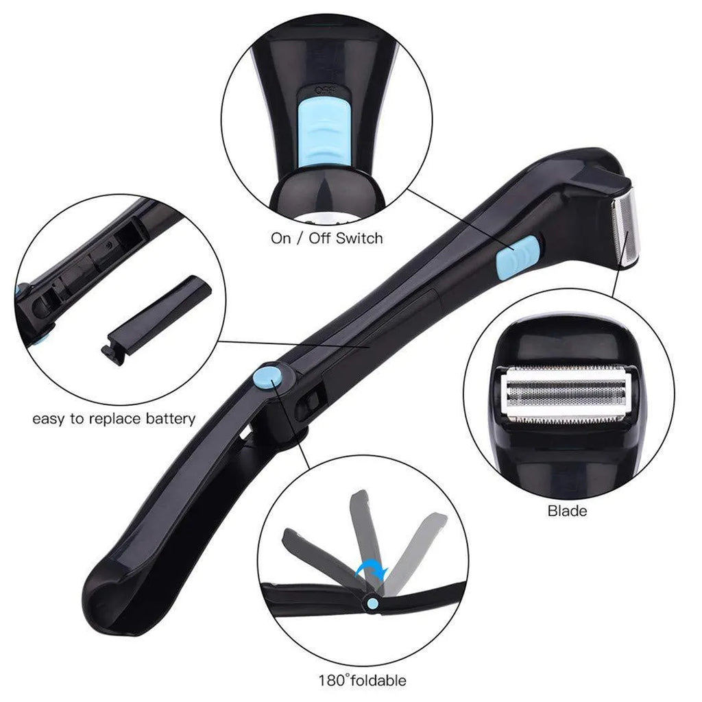 Black folding hair back body electric shaver with battery compartment