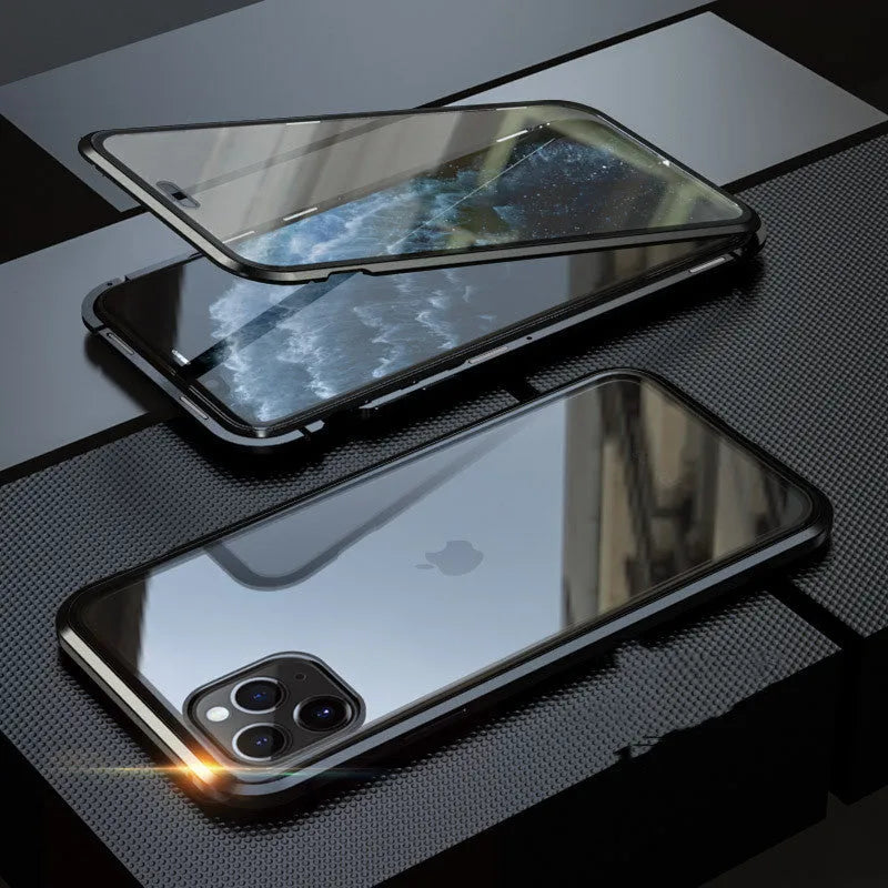Black glass anti-spy clamshell privacy case for iPhone, shown open and closed.