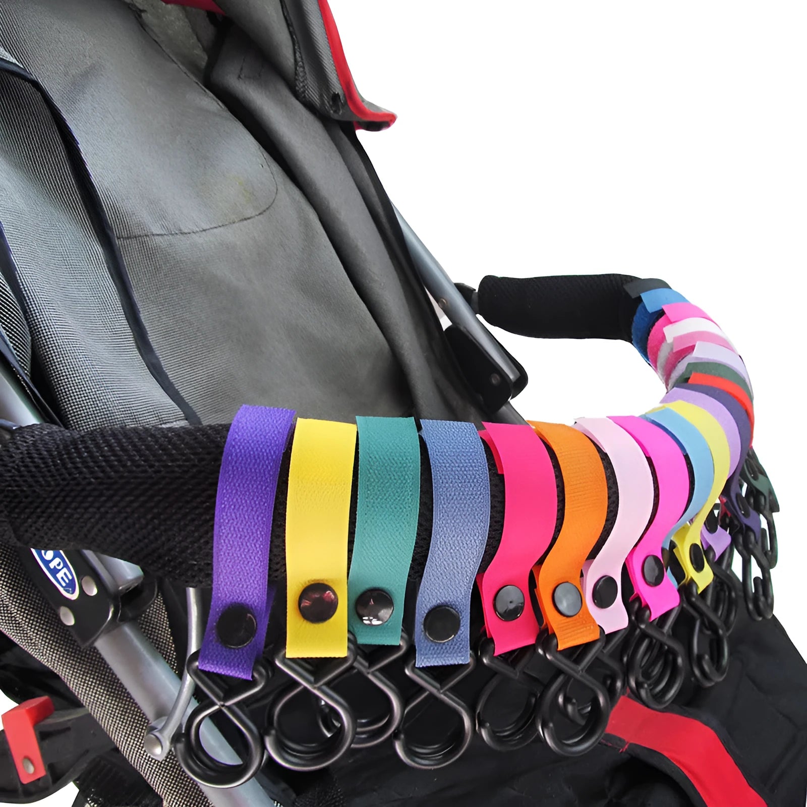 A selection of luggage Velcro hooks in various colours including red, blue, green, and yellow on a white background