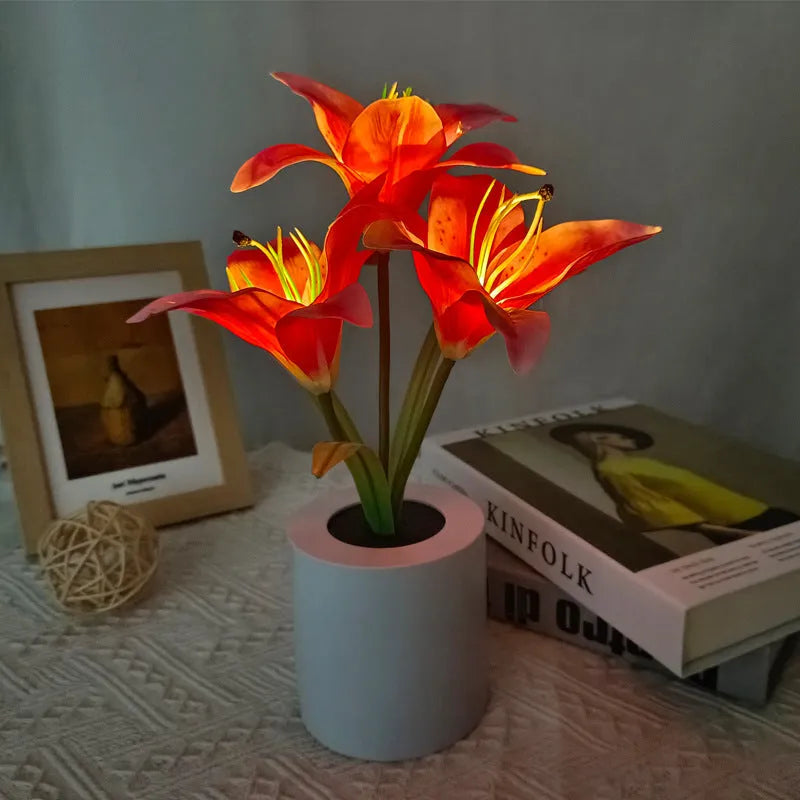 Rechargeable LED Lily Flower Pot Lamp Small Night Ambience Light in Lily White or Pink with 300W Power Output Decorative Table Lamp