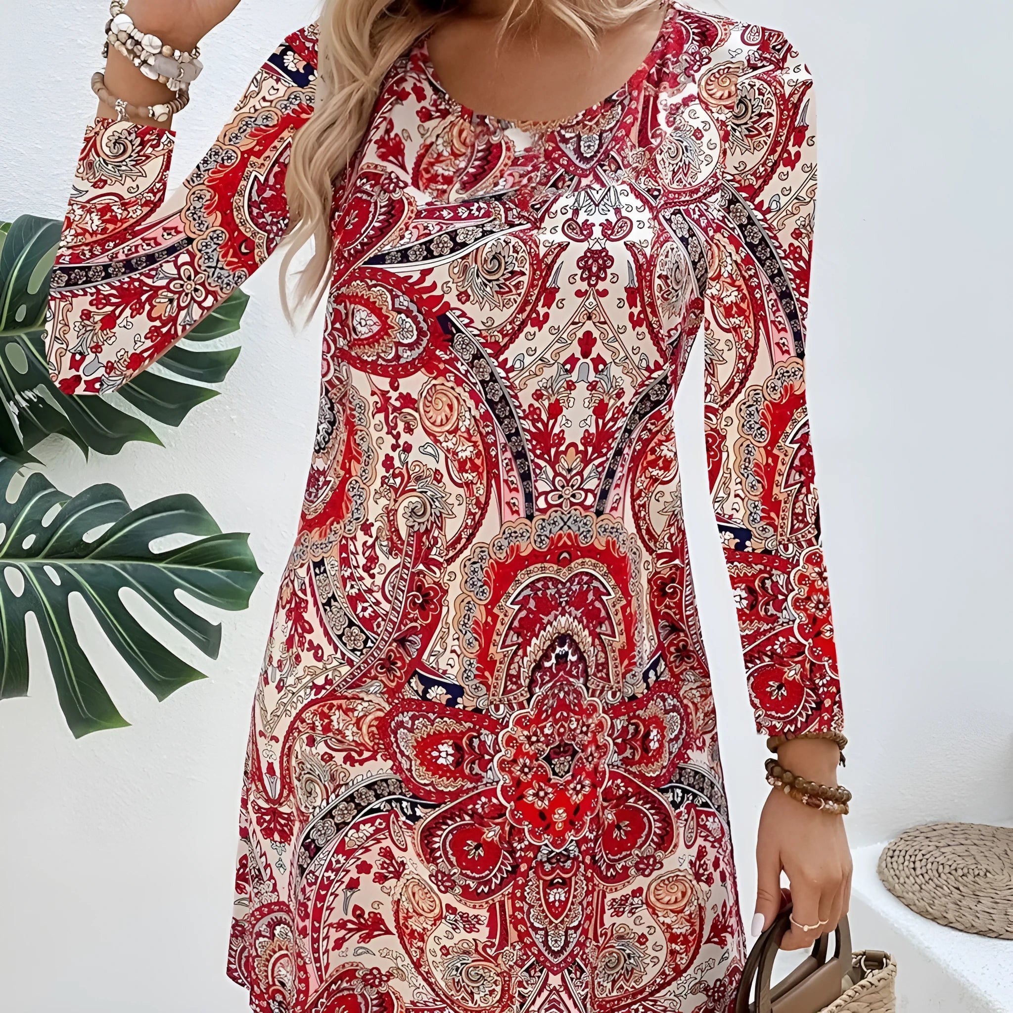 Women's casual paisley print V-neck long sleeve polyester pullover dress in mid-waist style.