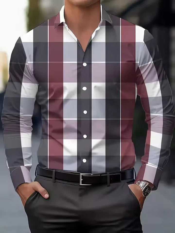 Men's striped long sleeve shirt with button lapel collar in polyester fabric