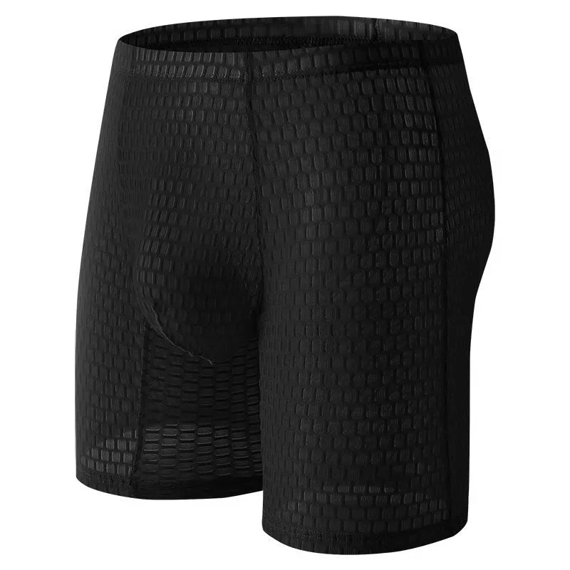 Men's white lace boxer shorts with lengthened hip lifting shaping design on a neutral background
