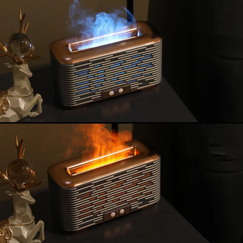 Flame aroma diffuser USB desktop humidifier with double-colour light in gold colour