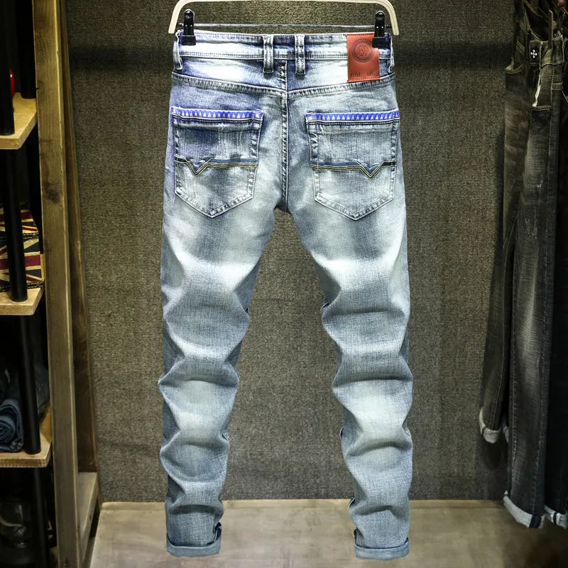 Men's light blue cotton ripped straight-leg jeans with a casual leisure style