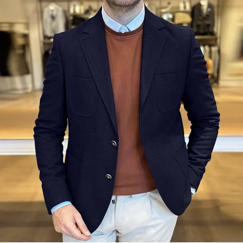 Men's loose-fit cotton suit jacket in a retro style shown in army green colour.