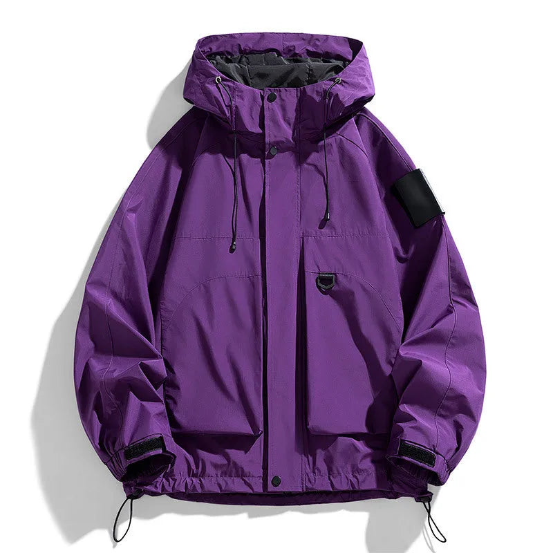Men's windproof waterproof hooded jacket in black, ginger yellow, or purple colours