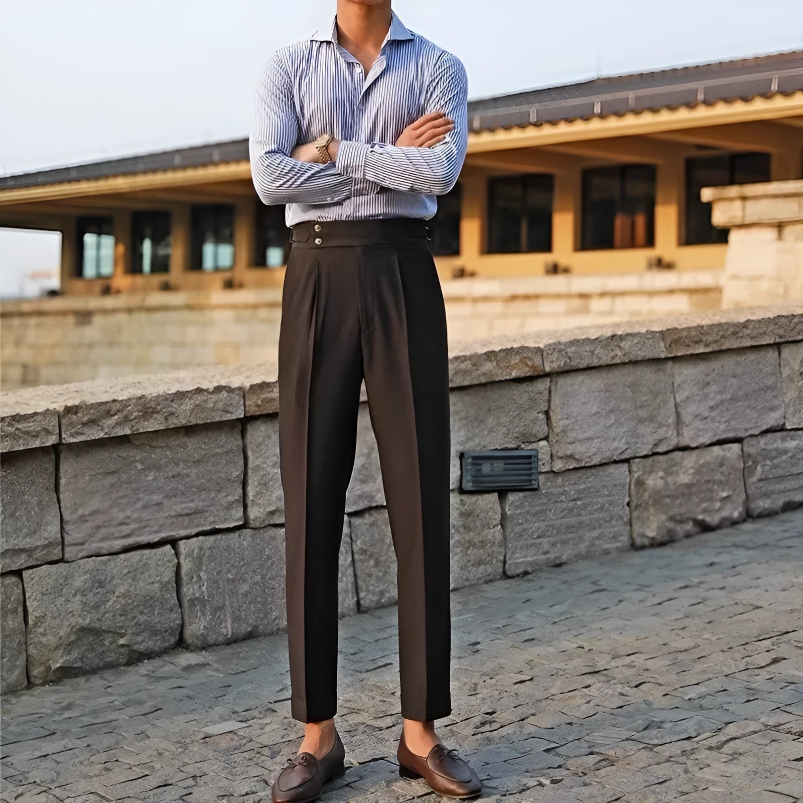 Men's slim fit straight-leg suit trousers in black, white, and apricot colours.