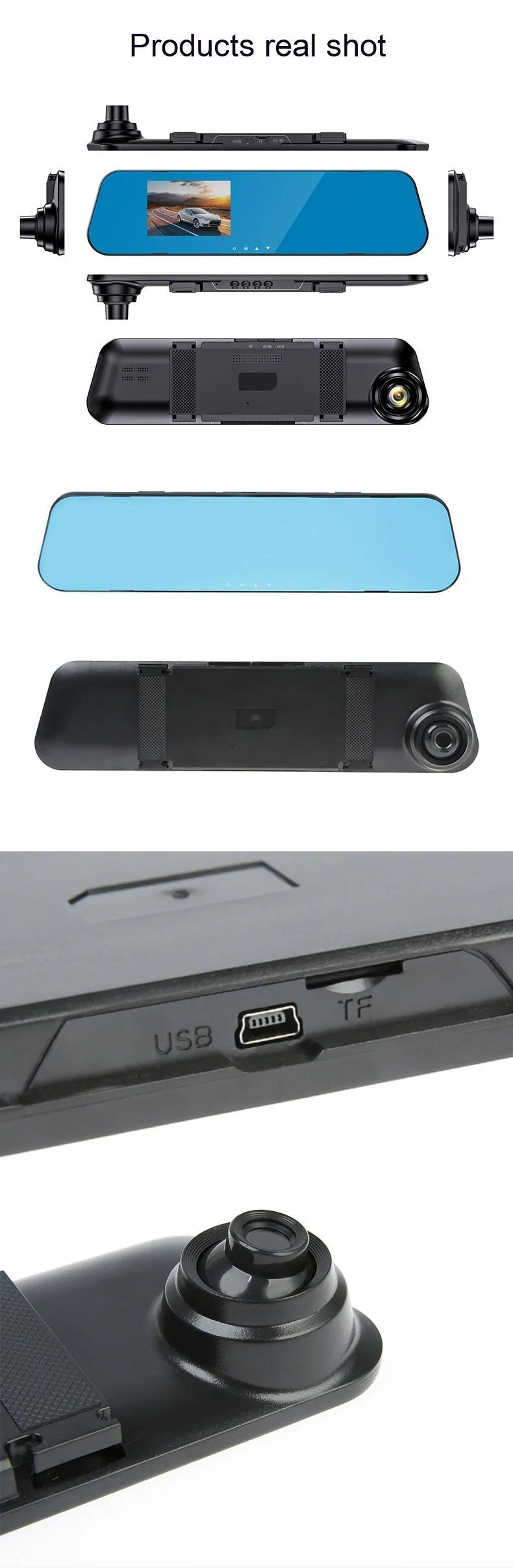 HD driving recorder with 4.5-inch screen showing front and rear night vision and reversing image