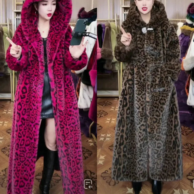 Brown leopard print plus size faux fur coat with extended length and regular sleeves