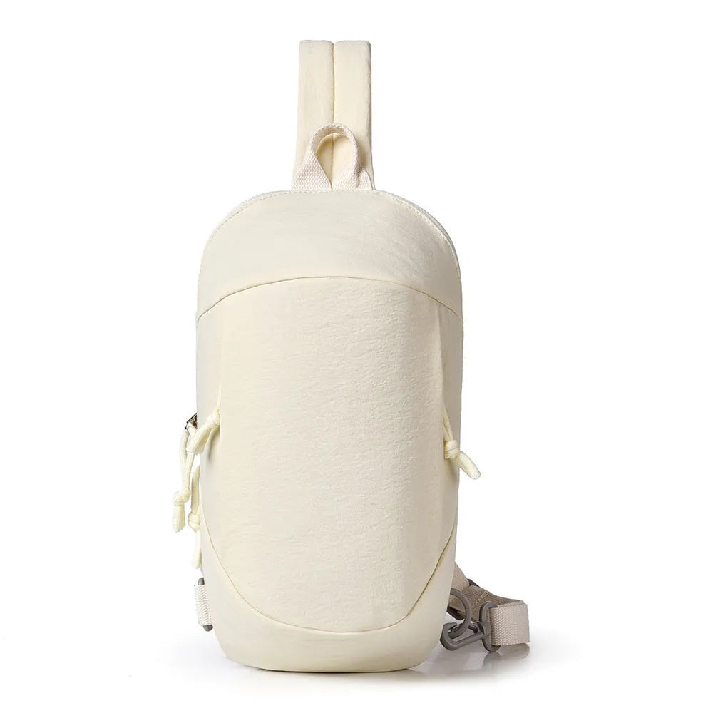 Outdoor nylon crossbody chest bag with phone pocket in one of six colours: black, white, green, pink, or grey.