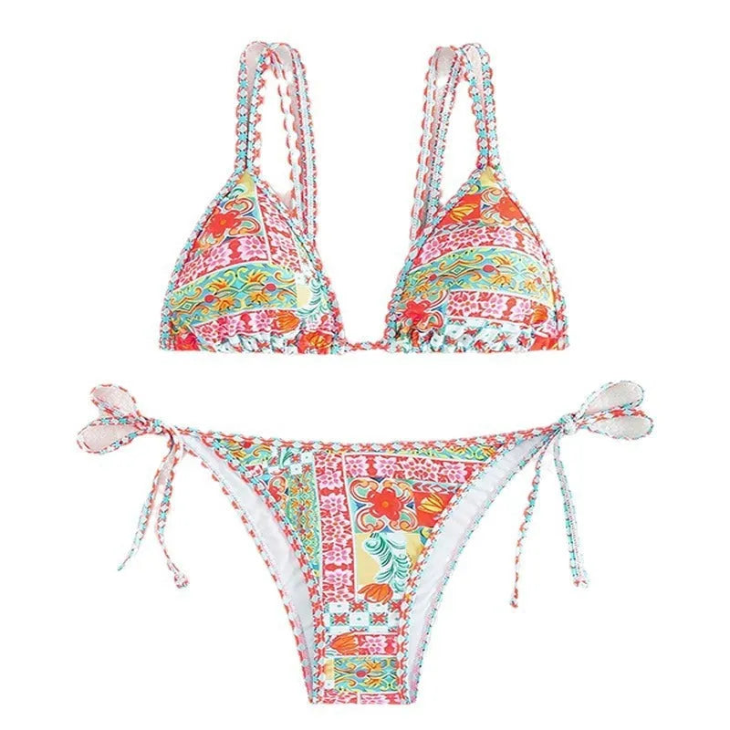 Women's lace-up split swimsuit in European American style with backless design