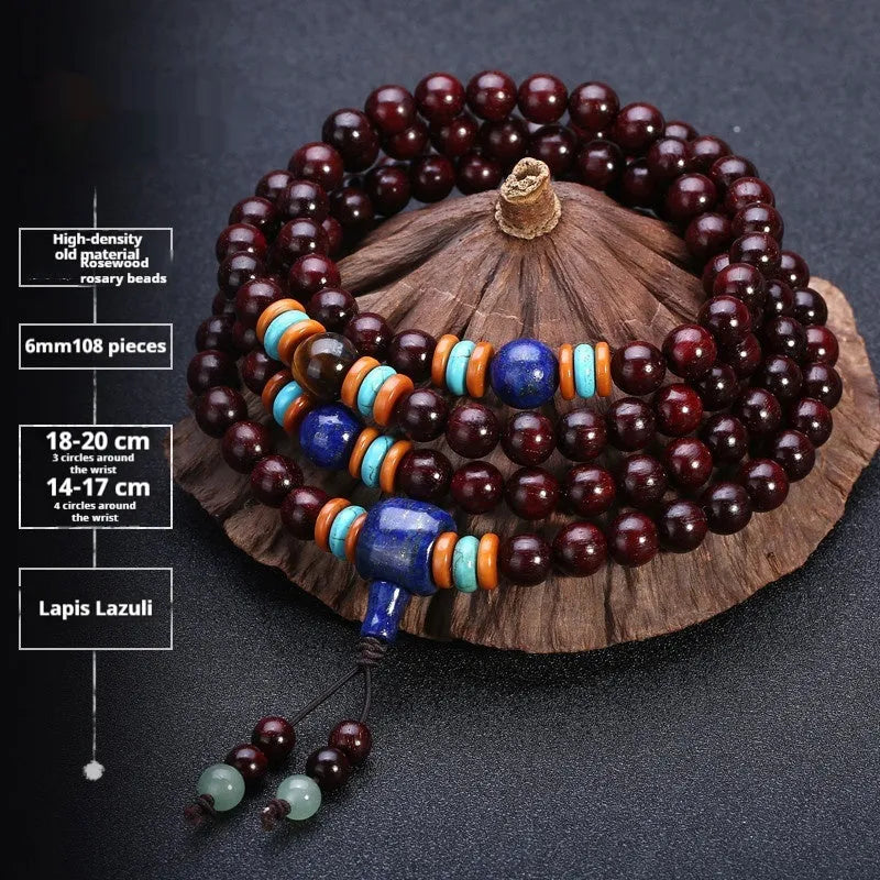 Men's traditional rosewood bracelet with 108 beads, showing lapis lazuli and turquoise accent styles.