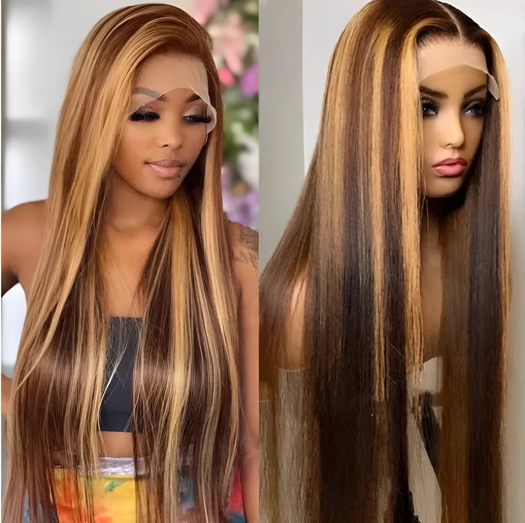 Women's gradient brown medium length straight mechanically processed wig on display