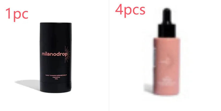 Matte self-tanning liquid set showing 50ml tanning drops bottle and 75ml tanning flash cream tube