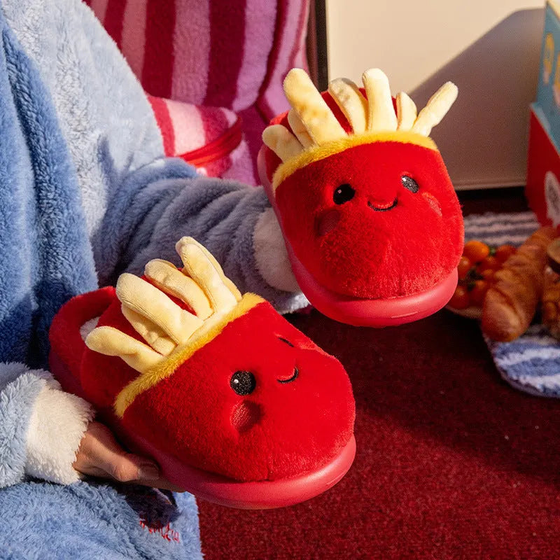Pair of cotton slippers with suede upper, cartoon French fries print, and EVA sole for indoor use
