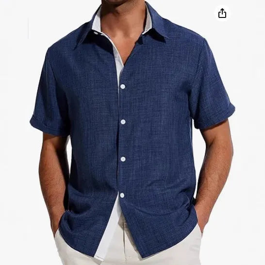 Man wearing a short sleeve floral print shirt in cardigan style, suitable for summer.