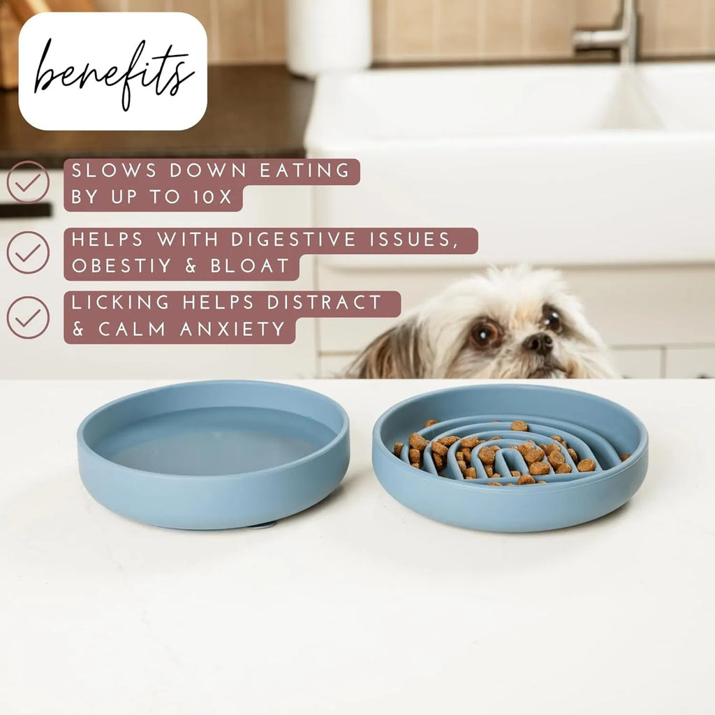 Silicone dog slow feeder bowl with ridges, shown in mustard green colour