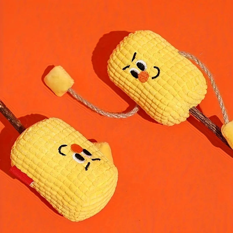 Corn cob shaped cat chew toy made from polytree wood for dental cleaning.